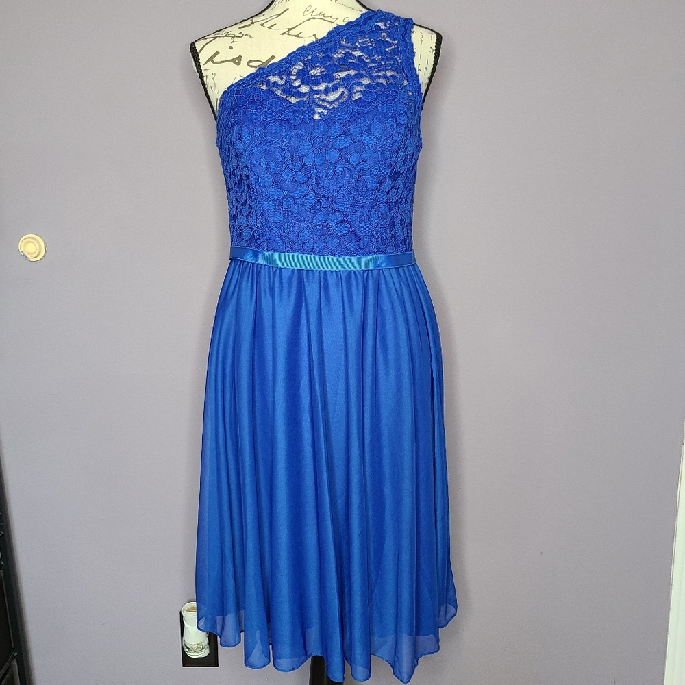 David's Bridal Horizon Blue One-Shoulder Lace Bridesmaid Dress